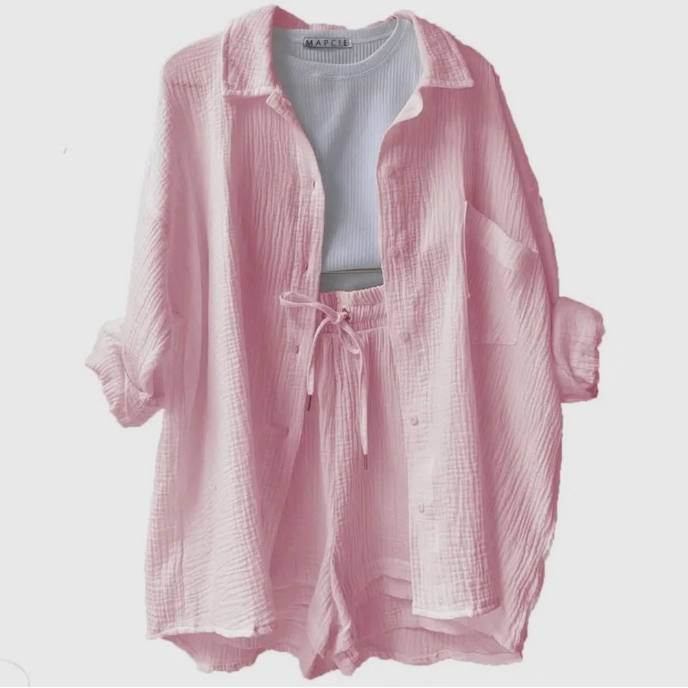 Mapcie Light Pink Gauze 2pc Long Sleeve Top and Shorts Set